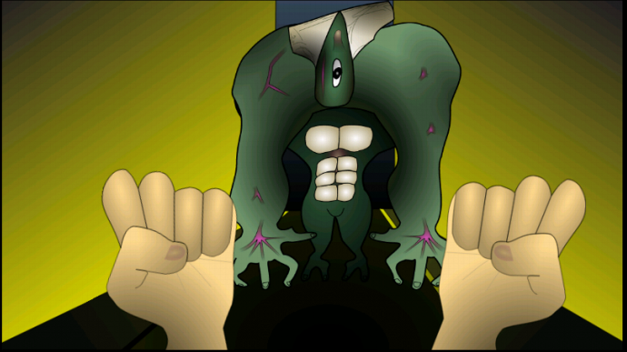 A cartoon screenshot of two fists facing a large monster