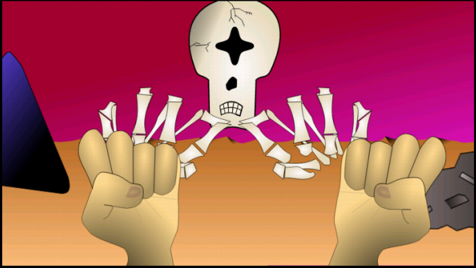 A cartoon screenshot of two fists facing a floating skeleton with two fists