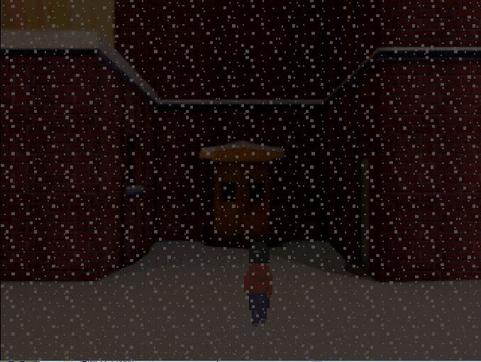 Screenshot of a player facing a school while snowing